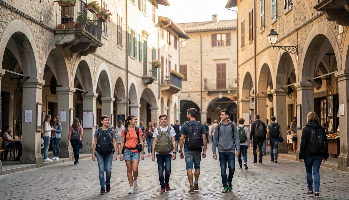 Students walking with backpacks through a lively old town square with arcades in the morning. Fotografia ilustrativa de la guía.