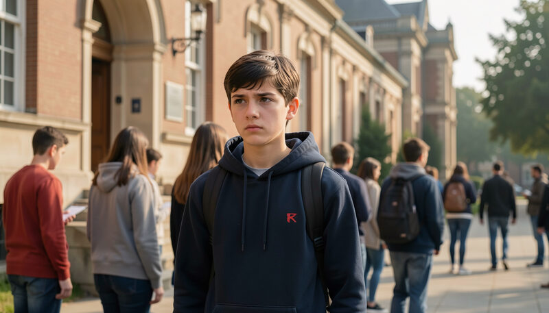 A nervous teenage student waiting outside a historic exam building with other candidates in morning light..