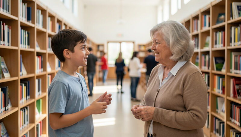 A young student talking with a helpful older woman in a bright public library hall..