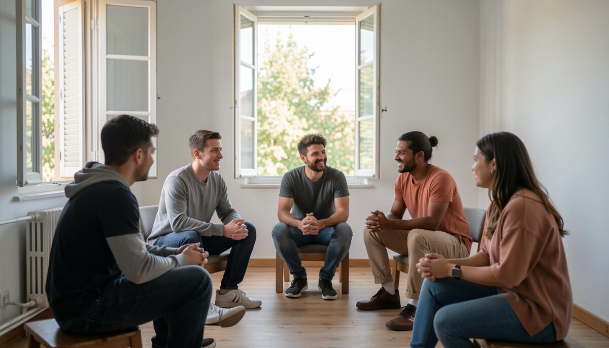 Six students practicing conversation in a circle with a teacher in a small room with open windows. Fotografia ilustrativa de la guía.