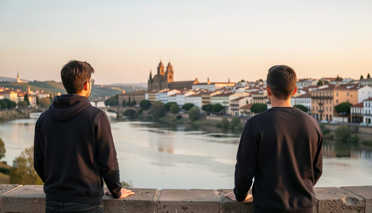 Two students looking over Valladolid from a riverside viewpoint at sunset with the city behind them. Fotografia ilustrativa de la guía.
