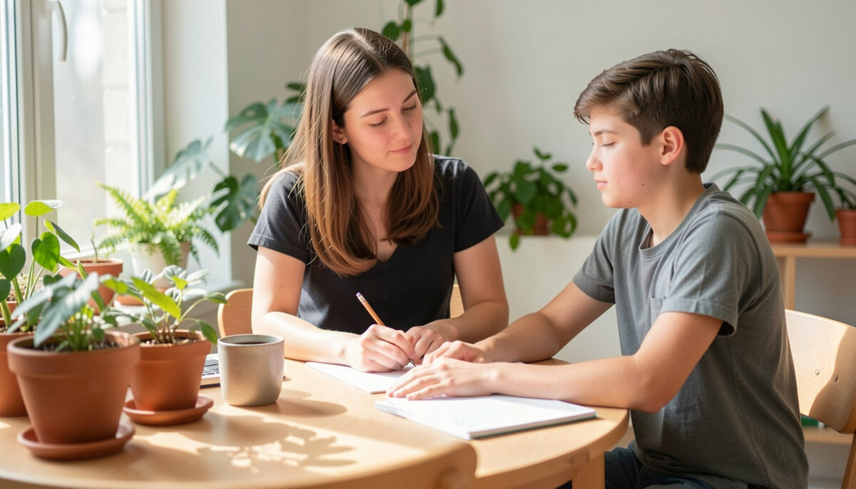 A teacher helping a teenage student during a one to one lesson in a bright room with plants. Fotografia ilustrativa de la guía.