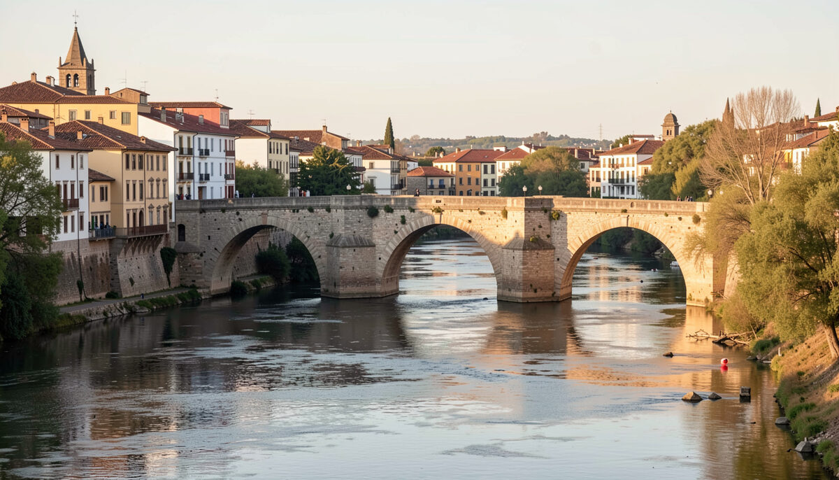 A calm view of the Pisuerga river with an old stone bridge and historic rooftops at golden hour. Fotografia ilustrativa de la guía.