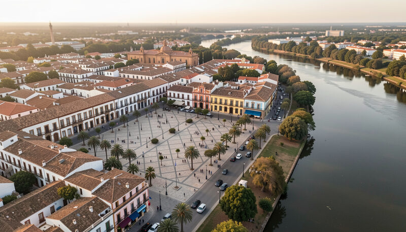 An aerial style view of Valladolid plazas rooftops and river banks under soft evening light..